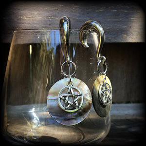 Mother of Pearl and pentagram gauged earrings-Shell earrings