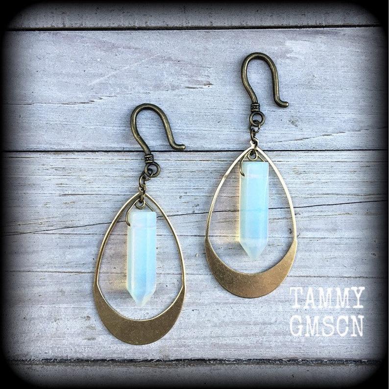 Opalite and brass earrings-Gemstone ear hangers