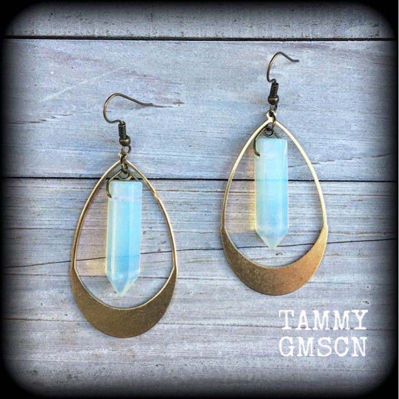 Opalite earrings Gemstone earrings Teardrop earrings Boho chic earrings Gemsstone body jewellery ear jewelry Pierced ears Gauged earrings Stretched ears Goddess earrings Goddess jewelry Gypsy boho jewelry Boho gypsy earrings Dangle earrings