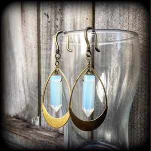 Opalite and brass earrings-Gemstone ear hangers