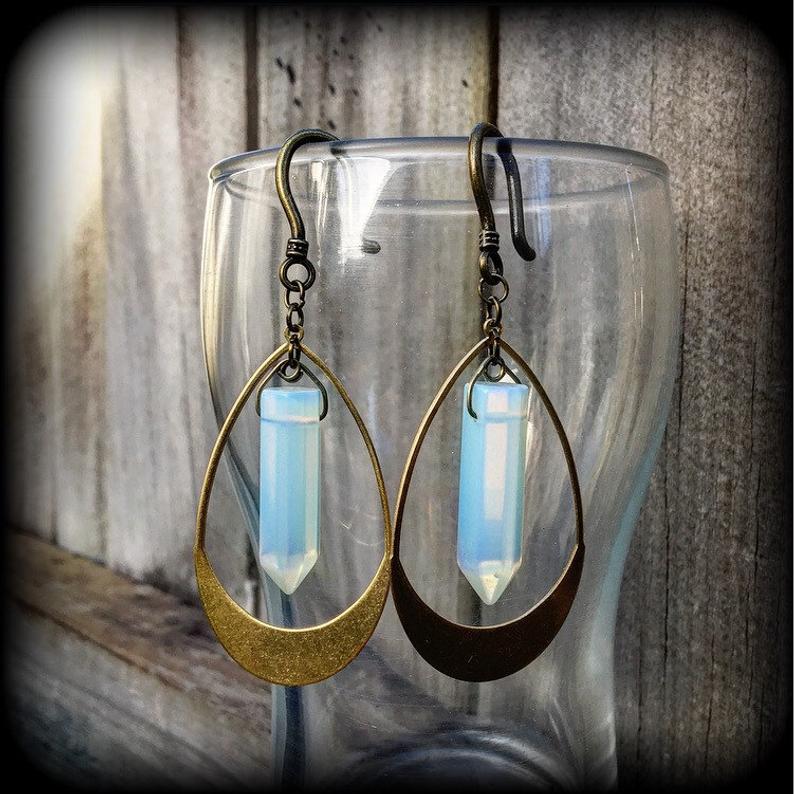 Opalite and brass earrings-Gemstone ear hangers